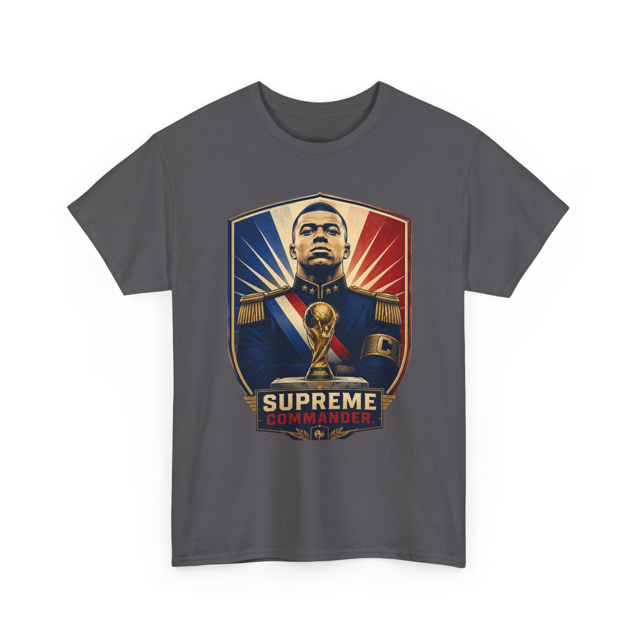Mbappé "Supreme Commander" Tee — Propaganda-Style Portrait with World Cup Trophy