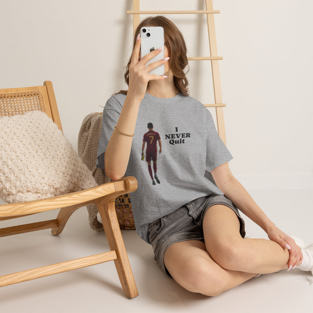 Motivational Soccer Tee – 'I Never Quit' Player Silhouette