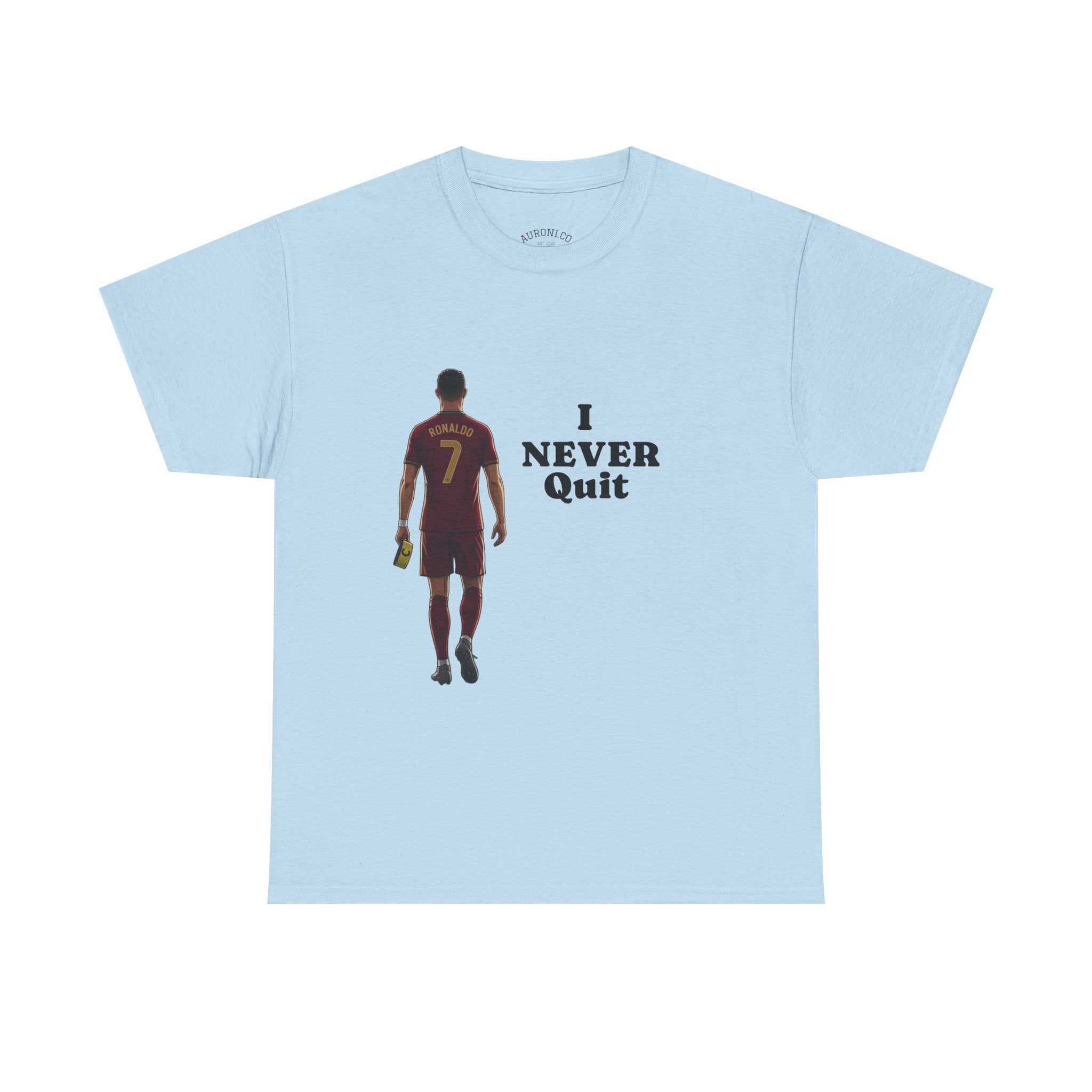 Motivational Soccer Tee – 'I Never Quit' Player Silhouette