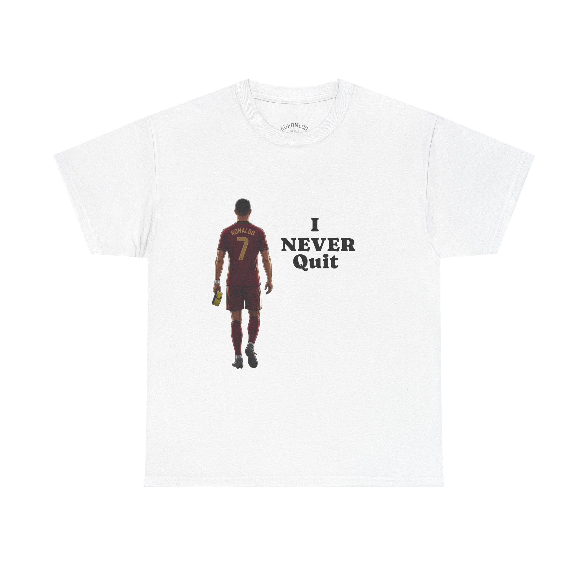 Motivational Soccer Tee – 'I Never Quit' Player Silhouette