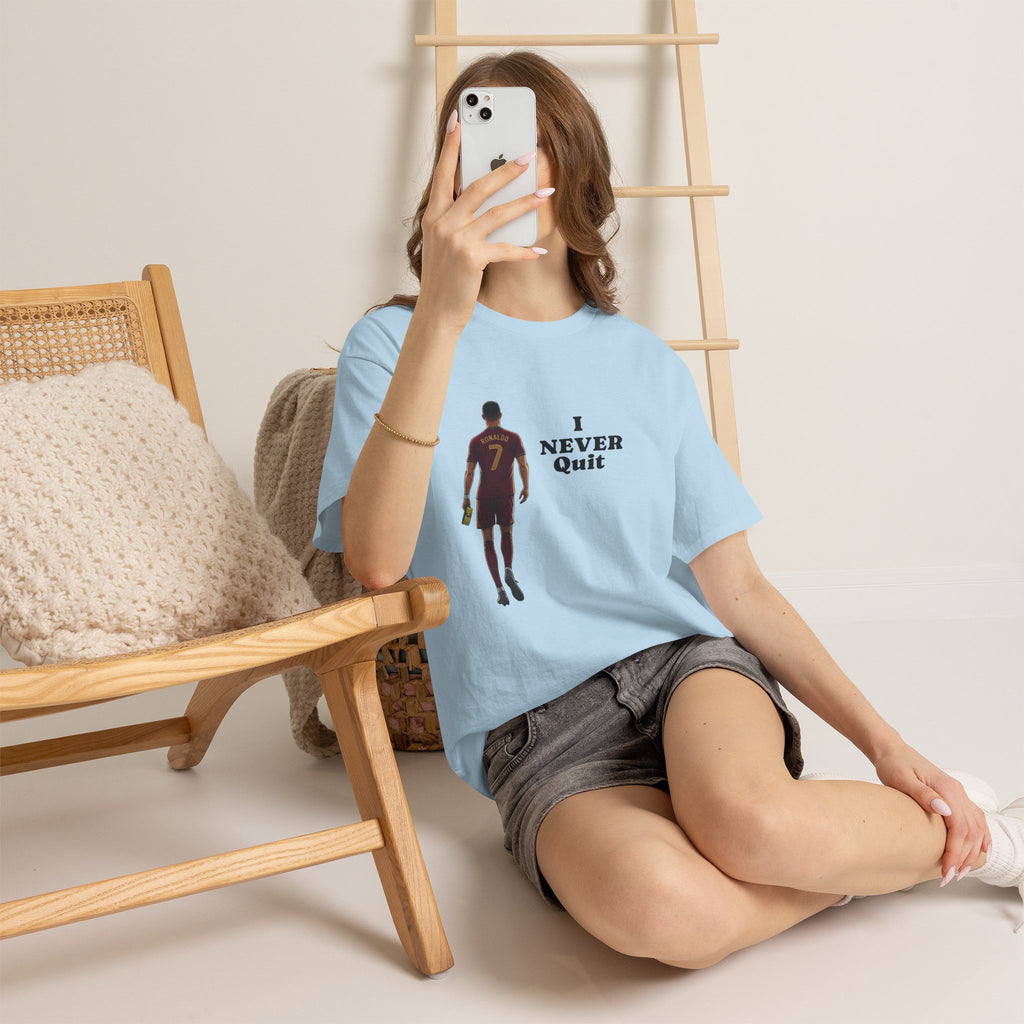 Motivational Soccer Tee – 'I Never Quit' Player Silhouette